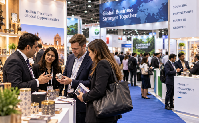 Business professionals meeting at an international trade exhibition
