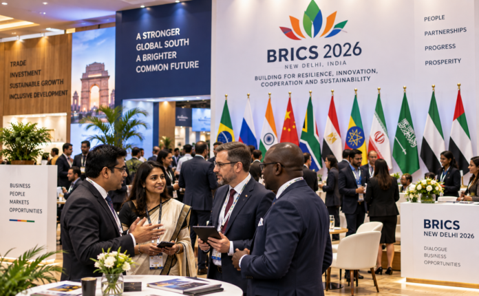 Indian and international business leaders networking at a BRICS business forum