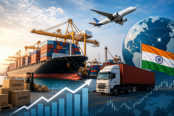 Container ship, cargo truck and airplane representing India’s exports and imports