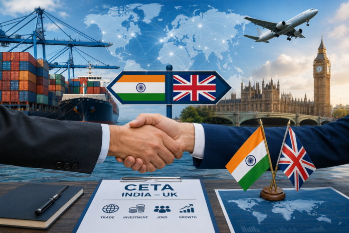 India UK CETA trade partnership with cargo ship, containers and business handshake