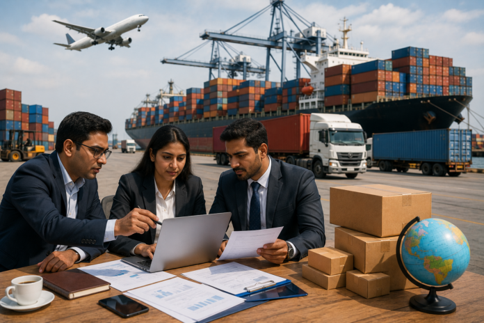 Indian export professionals reviewing trade documents at a container port