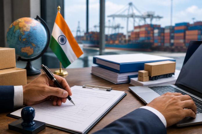 Exporter preparing digital trade documents with Indian flag and shipping containers