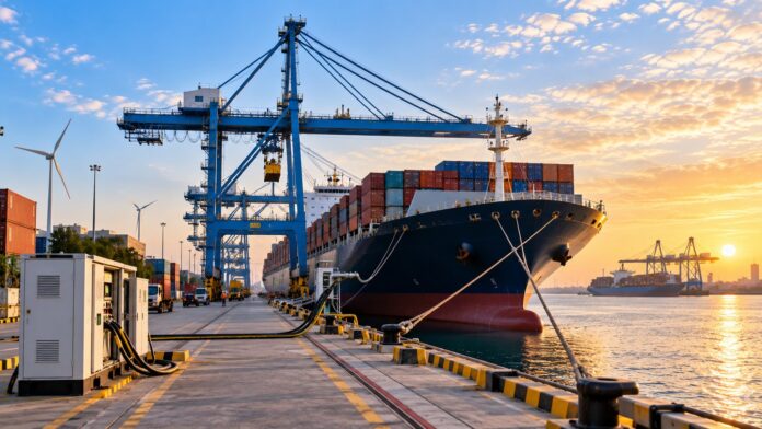 Green shipping corridors India at a modern Indian container port with cargo ship and cranes